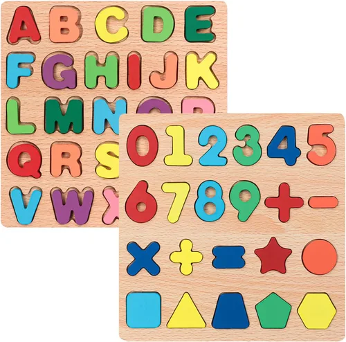 Rompecabezas de madera para niños pequeños, paquete de 2 rompecabezas con forma del alfabeto para niños de madera Montessori con forma de número