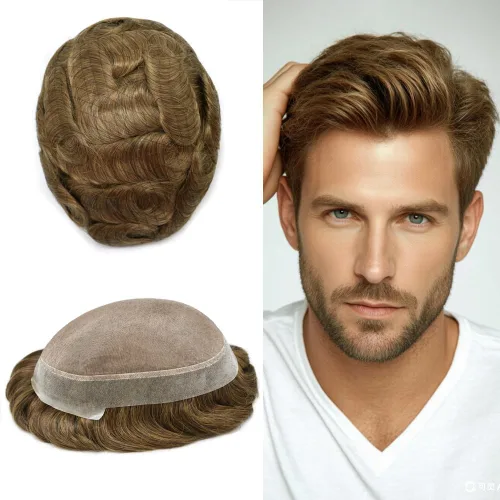 Miniatura 17 de Monofilamento fino para hombre, sistema de cabello humano Remy, piel de polietileno transparente alrededor del postizo de monofilamento, peluca