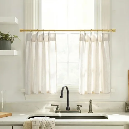 Lino Rosa Cortinas tipo café de 18 pulgadas de largo para ventana de cocina sobre el fregadero, cortinas plisadas de lino traslúcido para ventanas,