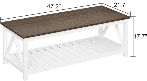 Miniatura 2 de Mesa de café ChooChoo Farmhouse, Mesa rústica vintage para sala de estar con estante, 47 blanco