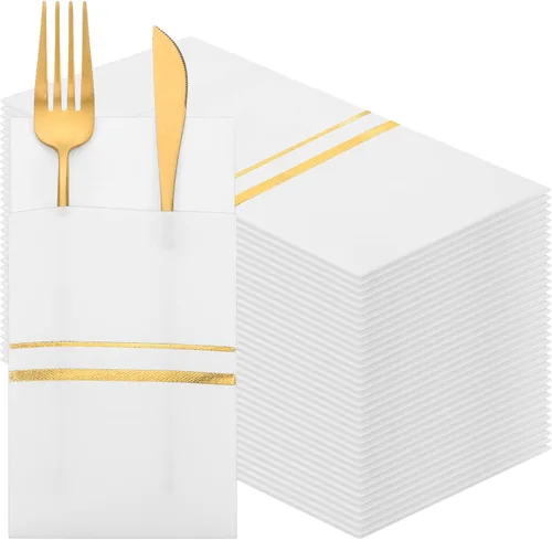 Roshtia 100 paquetes de servilletas de cena desechables con sensación de lino, con bolsillo incorporado para cubiertos, ribete dorado, papel Blanco