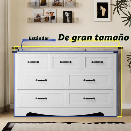 Miniatura 4 de BORNOON - Cómoda de 7 cajones para dormitorio, cómoda de madera moderna con manijas de metal, diseño antivuelco, organizador de almacenamiento Blanco