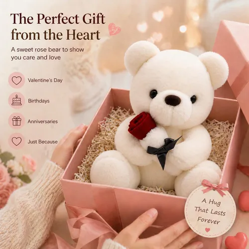 Miniatura 8 de Oso de Peluche Relleno Animal de Peluche Oso de Peluche con Rosa, Lindo Oso Dulce Gran Regalo para tu Ser Querido, Novia Niños Cumpleaños, San Blanco