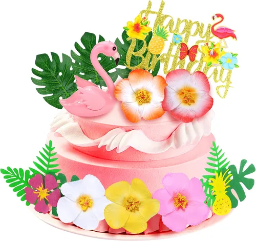 13 piezas de decoración de pastel de flamenco para tartas de verano con bonitas figuras de flamenco rosa y hojas de palmera de flores de hibisco