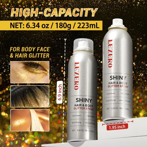 Miniatura 3 de Spray de purpurina para el cabello y el cuerpo para mujer, maquillaje dorado brillante, gran capacidad para conciertos, bodas, festivales, rave, 6.8