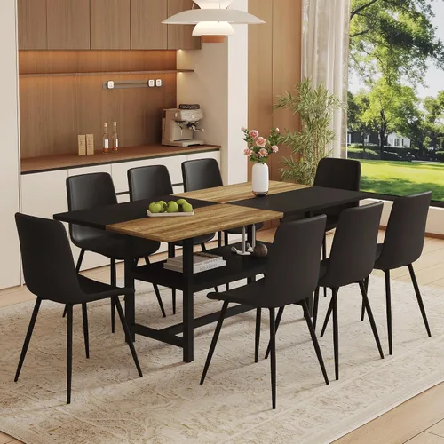 Miniatura 14 de Juego de mesa de comedor de 71 pulgadas para 6 personas con estante de almacenamiento, juego de mesa de comedor rectangular industrial moderna
