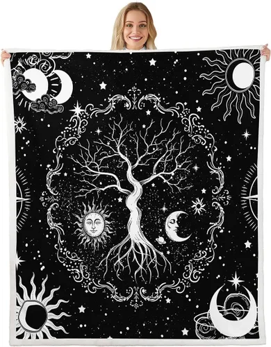 Miniatura 13 de Erosebridal Manta de árbol de la vida, sol y luna para sofá cama, manta de forro polar gótico de polilla trippy, manta de sherpa cósmica