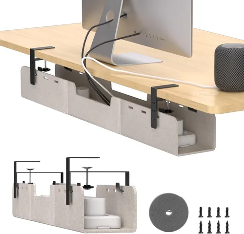 Bandeja de organización de cables para debajo del escritorio, organizador de cables de fieltro grueso mejorado sin taladros con abrazadera o montaje