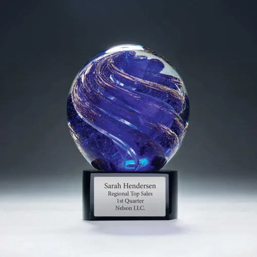 Miniatura 2 de Baudville Trofeo de lágrima de cristal grabado Azul-oro redondo