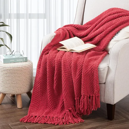 Miniatura 20 de Manta de tweed con borlas de flecos para sofá, decoración del hogar, cama, sofá, silla, 50 x 60 pulgadas, naranja óxido