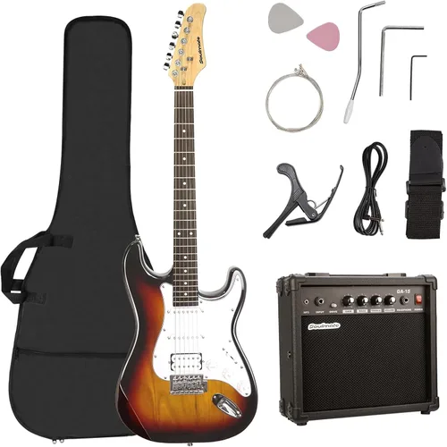 Miniatura 12 de Kit de guitarra eléctrica Soulmate para principiantes, 39" con pastillas HSS, amplificador de 15W, cejilla, correa, cuerdas, cable, púas, bolsa
