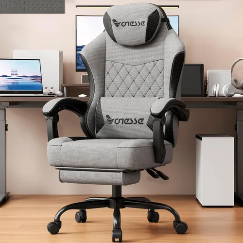 Silla de juego Vonesse, silla de computadora de tela con cojín de resorte de bolsillo, silla de oficina con reposapiés y soporte lumbar de masaje,