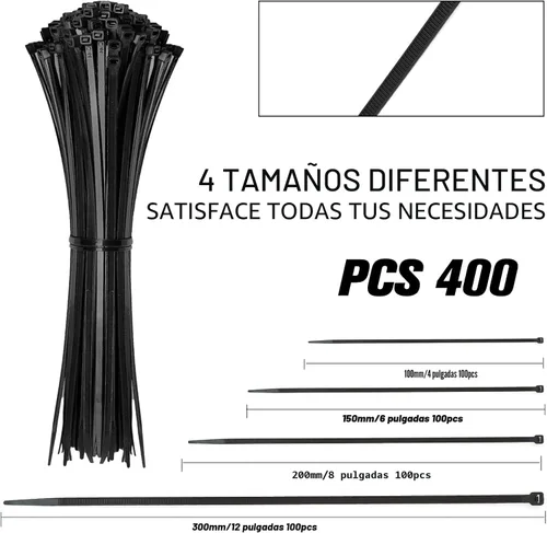 Miniatura 2 de Bridas para cables, paquete de 400 unidades, color negro, varios tamaños, 12+8+6+4 pulgadas, gestión de cables de nailon autobloqueante multiusos