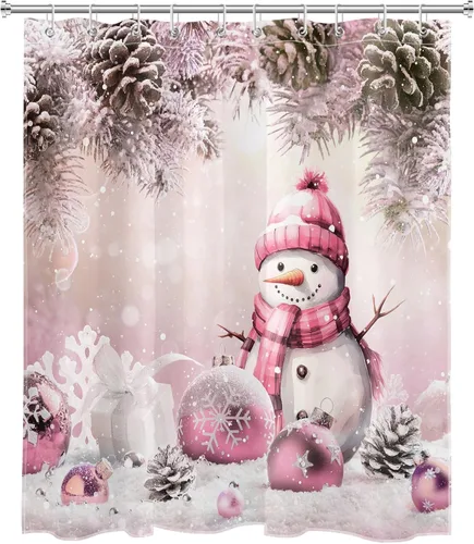 Miniatura 2 de LB Cortina de ducha de Feliz Navidad, bola de Navidad rosa, bonita cortina de ducha de muñeco de nieve, juego de cortina de ducha de invierno blanco