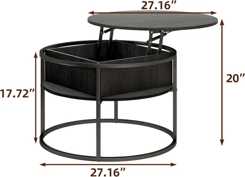 Miniatura 2 de HOJINLINERO Mesa de centro redonda elevable, con compartimento oculto de almacenamiento, decoración de mesa de centro de madera de granja