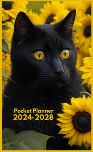 2024-2028 Pocket Calendar Cute black cat with sunflower Cover60 Months Agenda Planner5 Years (Years 2024,2025,2026,2027,2028 January 2024-December