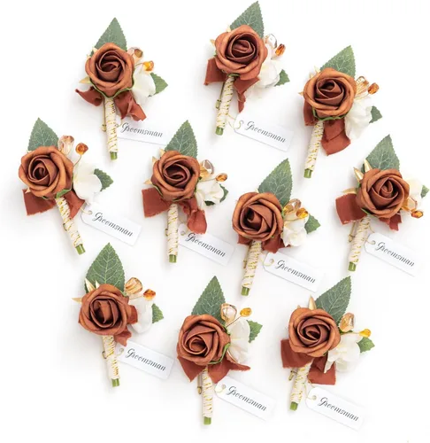 Ling's moment Boutonniere para hombres, 10 flores artificiales para decoración de boda, graduación, regreso a casa, etc. Otoño naranja terracota