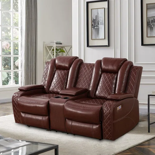 Miniatura 20 de Juego de sofá reclinable eléctrico, sofá reclinable de cuero de aire con LED/portavasos/almacenamiento, 2 muebles de sala de estar, sofá de cuero