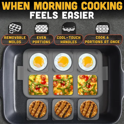 Miniatura 4 de Anillos de silicona para huevos para plancha y parrilla superior plana, bandeja de molde de barbacoa de 16.5 x 9 pulgadas con 6 formas redondas