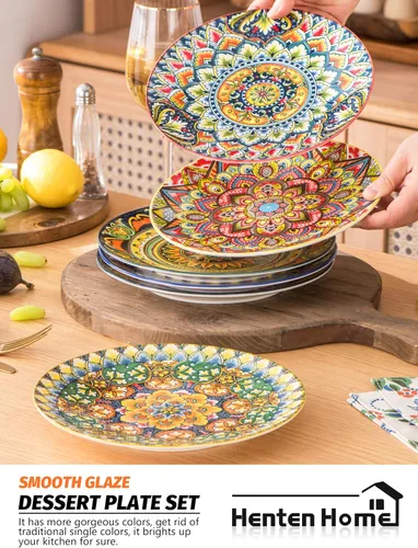 Miniatura 5 de Henten Home Juego de 6 platos de postre de cerámica, platos de ensalada de porcelana de 8.5 pulgadas, coloridos platos de estilo bohemio