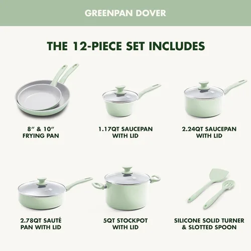 Miniatura 3 de GreenPan Dover - Juego de ollas y sartenes de cerámica saludable antiadherente de 12 piezas, sin PFAS, apto para lavavajillas, mango de agarre verde