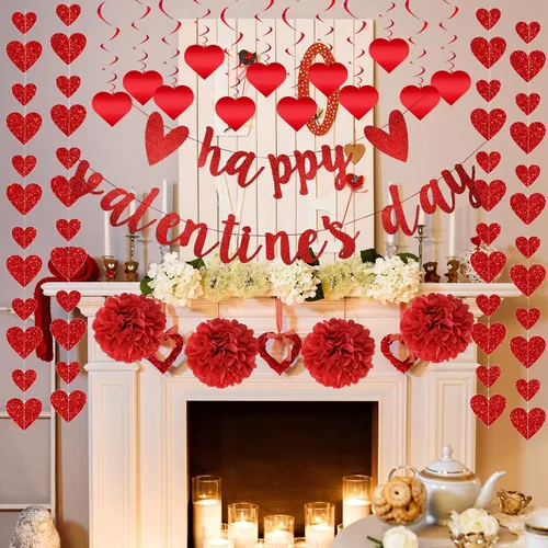 Miniatura 3 de Juego de 22 decoraciones para el día de San Valentín premontadas, espirales de corazón colgantes con texto en inglés «Happy Valentine», guirnaldas