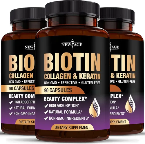 NEW AGE Biotina Colágeno Queratina Ácido Hialurónico - 50,000mcg Vitaminas para el Crecimiento del Cabello para Hombres y Mujeres, Vitaminas para