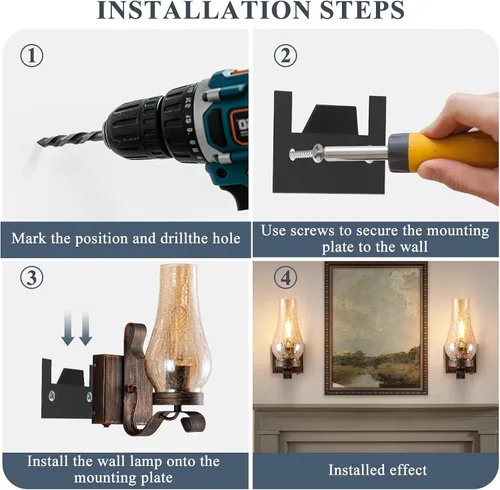 Miniatura 8 de Vintage Farmhouse Wall Sconces, Battery Operated Wall Lamps, Rechargeable Wall Lights, Ice Crackle Glass Rustic Non-Hardwired Antique Kerosene Wall