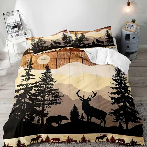Miniatura 20 de LUVIVIHOME Juego de funda de edredón de 2 piezas, diseño de oso y alce, ciervo, ciervo, ropa de cama de cabaña, ropa de cama rústica de granja