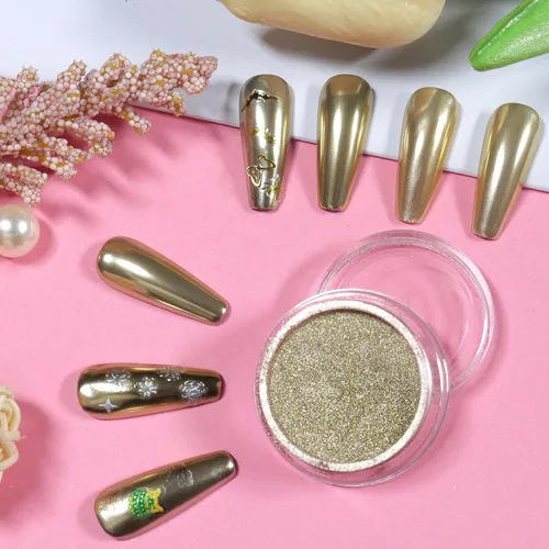 Miniatura 5 de Allstarry Polvo de uñas cromado, dorado champán, efecto espejo metálico, purpurina esmaltada, decoración de manicura, pigmento reflectante