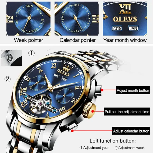 Miniatura 5 de OLEVS Relojes de cuerda automática para hombre vestido mecánico automático Tourbillon de acero inoxidable doble calendario impermeable luminoso