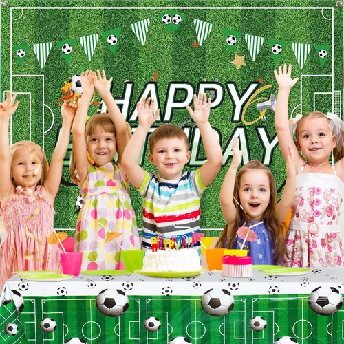Miniatura 7 de Irenare 2 piezas de decoración de fiesta de cumpleaños de fútbol de 5 x 3 pulgadas, telón de fondo de fútbol de feliz cumpleaños de 108 x 54
