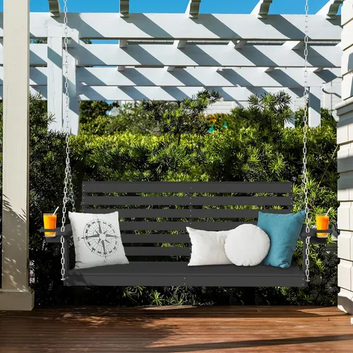 Miniatura 3 de Plawdlik Columpios de porche, silla de patio de 2 asientos con dos portavasos, banco impermeable de polietileno de alta densidad para patio