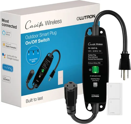 Lutron Caseta Weatherproof+ Outdoor Smart Plug y Pico Smart Remote | para iluminación de paisaje y de tiras | P-PKG1OUT-BL | Negro