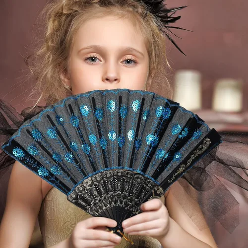 Miniatura 7 de Jetec Abanico español de encaje de 2 piezas, ventilador de mano plegable chino de mano para mujer, disfraz de baile de los años 20, regalo de azul