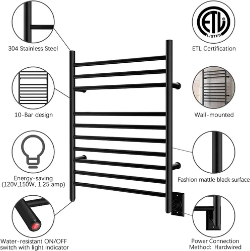 Miniatura 3 de HEATGENE Calentador de Toallas Montado en Pared, Toallero Calefactado de Montaje en Pared, Color Negro Mate