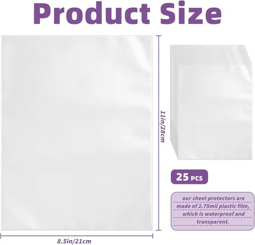 Miniatura 2 de VOKOY 25 Pack No Holes Sheet Protectors, 8.5" x 11", Letter Size Heavy Duty Clear View Page Sleeves Protectors, Clear Paper Document Artwork