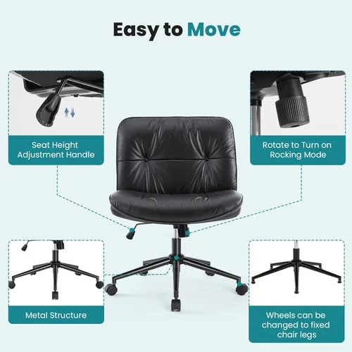 Miniatura 5 de OLIXIS Silla Criss Cross con Ruedas Sin Brazos Ancha de Patas Cruzadas Silla de Escritorio de Oficina de Tocador con Cómoda Piel Sintética PU
