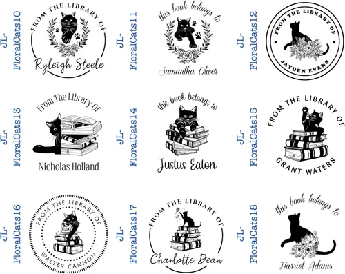 Miniatura 2 de The Library of Custom Book Stamp - Estampado personalizado con diseño de gatos florales (1 5/8 pulgadas x 1 5/8 pulgadas)