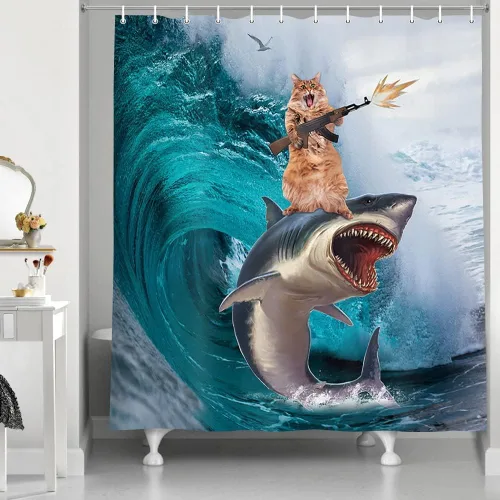 Miniatura 3 de NYMB Divertida cortina de ducha de gato para baño de niños, genial gato montando ballena, tiburón en olas del océano, cortinas de ducha de tela