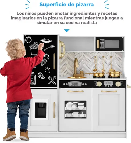 Miniatura 2 de Best Choice Products Juego de juguetes de madera de cocina para niños con diseño realista, teléfono, utensilios, horno, microondas, fregadero, bisel