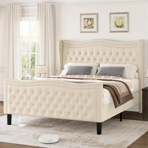 Miniatura 14 de Marco de Cama Queen con Cabecero y Piecero Altos, Marco de Cama Plataforma Tapizada en Terciopelo con Respaldo Acolchado con Botones Profundos Tipo