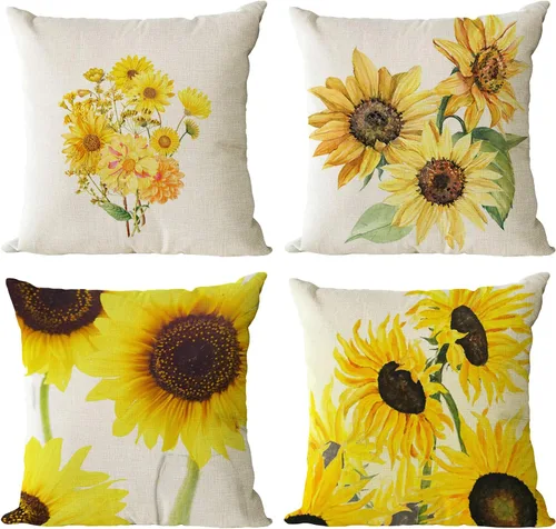 Miniatura 13 de Juego de 4 fundas de almohada decorativas de girasol de 12 x 12 pulgadas, fundas de almohada cuadradas de lino, fundas de almohada cuadradas de lino