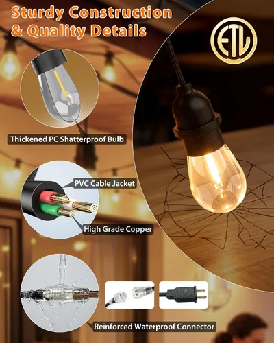 Miniatura 3 de Tira de luces para exteriores con tubo iluminado de 24 pies, cadena de luces de grado comercial con 13 bombillas Edison S14 (12+1 de repuesto)