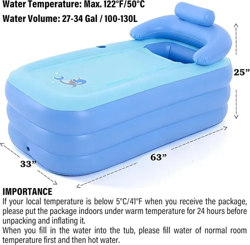 Miniatura 8 de Bañera inflable para adultos de 63 pulgadas y 5.2 pies con bomba de aire eléctrica, bañera de hidromasaje portátil independiente plegable para baño