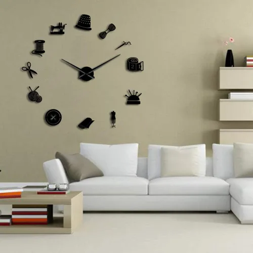 The Geeky Days Tailor Shop Reloj de pared gigante de bricolaje, costurera, costurera, maniquí, máquina de coser, barra de agujas, reloj grande de