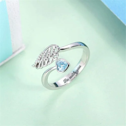 Miniatura 3 de AILIN Anillos de plata de ley 925 personalizados con diseño de ala de ángel y piedra natal grabada en el interior, joyería para mujeres, regalos