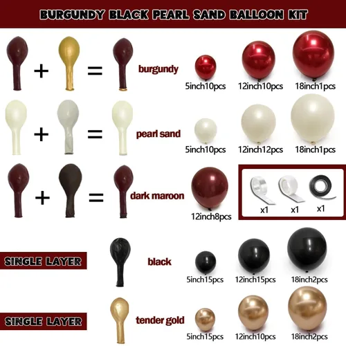 Miniatura 4 de Kit de arco de globos color burdeos y negro, doble relleno, color granate, rojo oscuro, perla, blanco, arena, dorado, guirnalda de globos