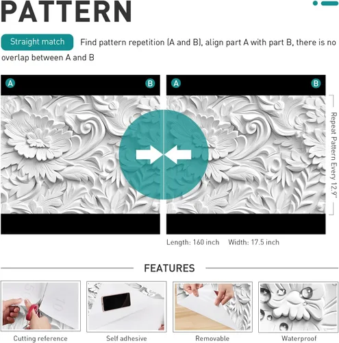 Miniatura 8 de Papel tapiz floral 3D de imitación para despegar y pegar, papel tapiz moderno de plasto de plástico con flores grandes, papel de contacto blanco