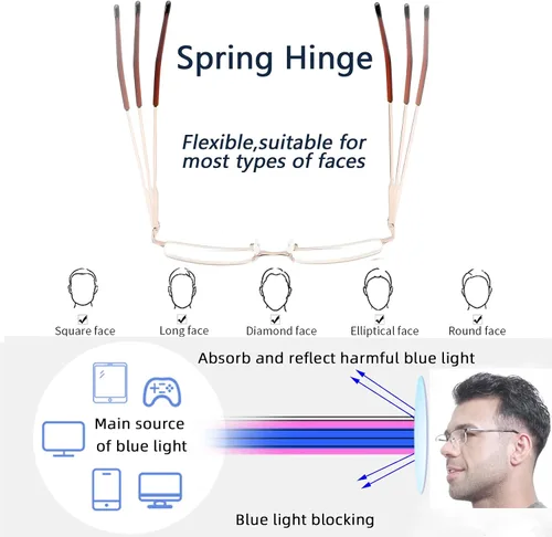 Miniatura 4 de 4 unidades de gafas de lectura con bloqueo de luz azul para hombres, elegantes lectores de computadora con marco de metal y bisagras de resorte